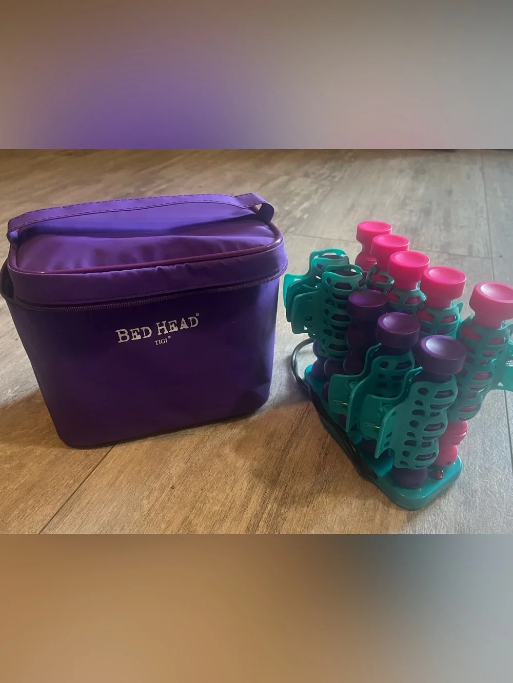 BedHead Purple Cosmetic Case with Teal and Pink Hair Rollers